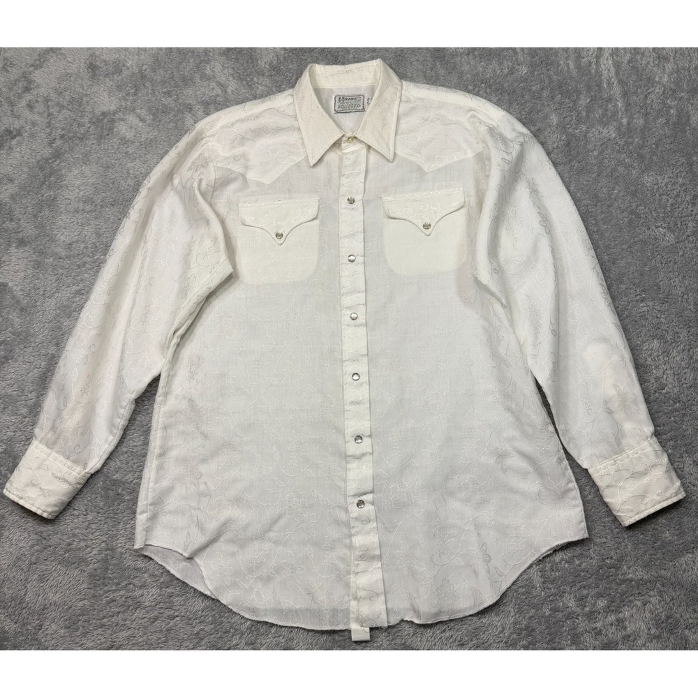 Vintage 70s H Bar C Ranchwear Men 17 35 White Jacquard Pearl Snap Western Shirt